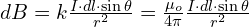 dB=k\frac{I\cdot dl\cdot\sin\theta }{r^{2}}=\frac{\mu_o}{4\pi} \frac{I\cdot dl\cdot\sin\theta}{r^{2}}