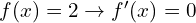 f(x) = 2 \rightarrow f'(x) = 0 