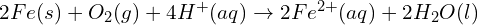 2Fe(s)+O_2(g)+4H^+(aq)\to2Fe^{2+}(aq)+2H_2O(l)