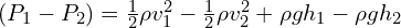 (P_1-P_2)=\frac{1}{2}\rho v_1^2-\frac{1}{2}\rho v_2^2+\rho gh_1-\rho gh_2